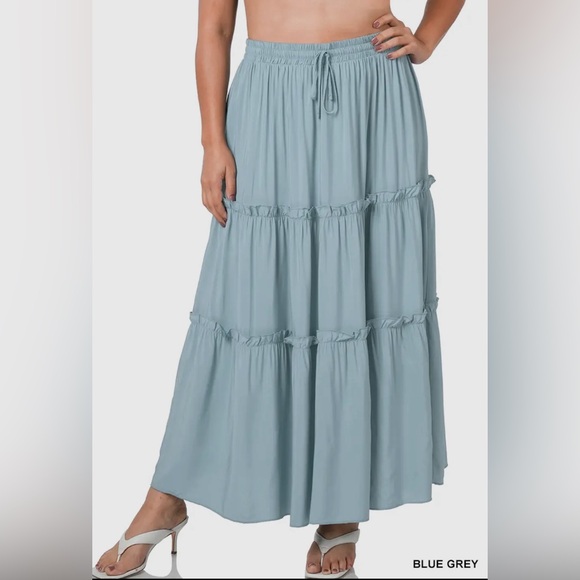 Boho Plus Woven Drawstring Tiered Ruffle Maxi Skirt - Picture 1 of 3